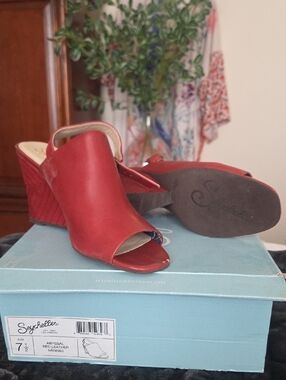 Seychelles Red Leather Open-Toe Wedge Mule